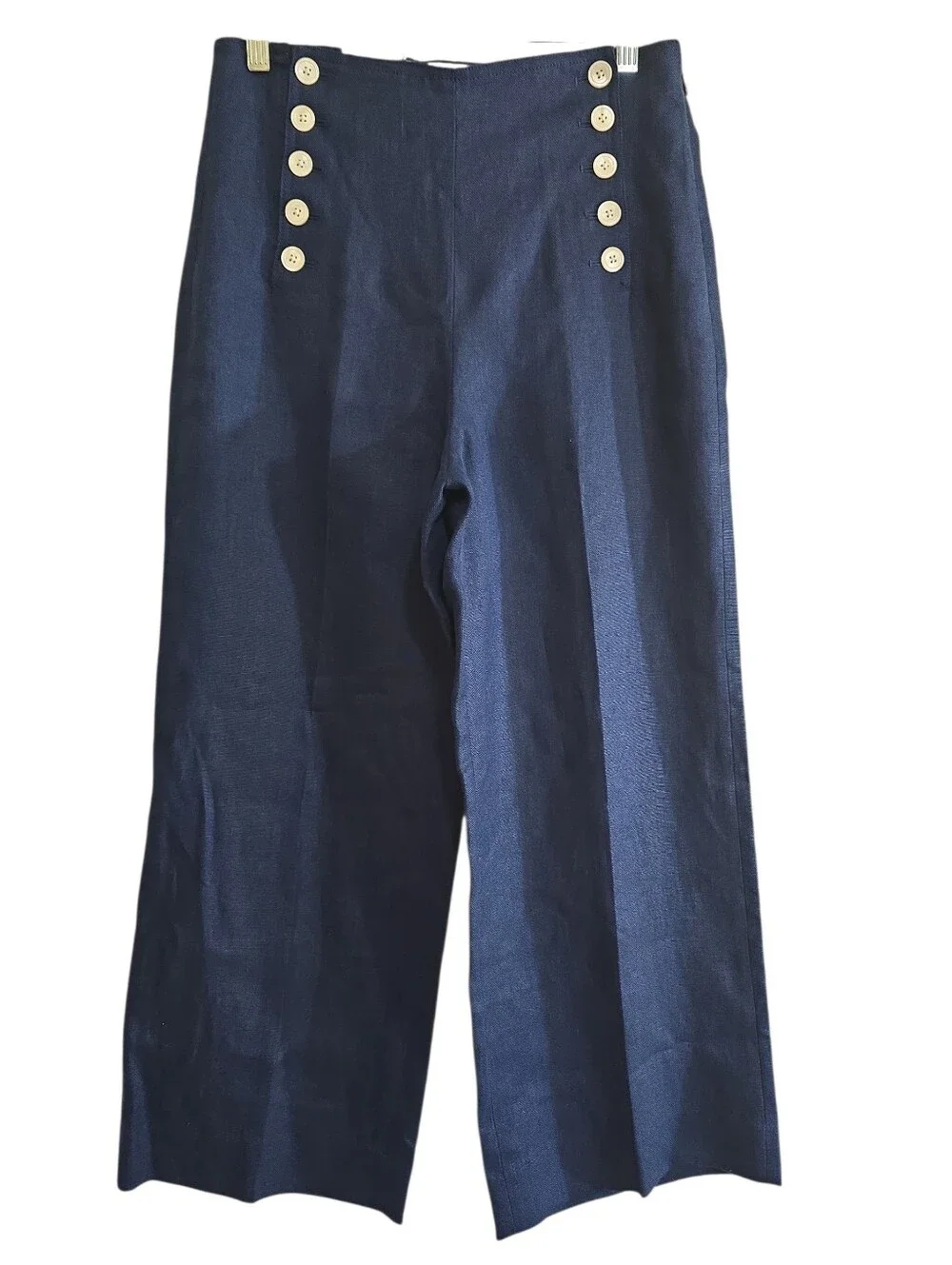 J. Crew Navy Linen Sailor Wide Leg Pants Cropped 6 Back Lace Detail Coastal Vaca